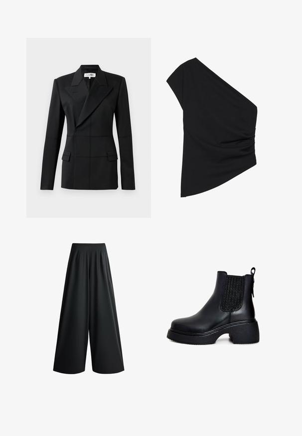 Sort skræddersyet blazer, en lang ærme, notch laps, dobbeltradet lukning, to frontlommer, struktureret stof med synlig syning.; Sort top med én skulder lavet af strækbart stof, med en detaljeret ruched side og en asymmetrisk kant. Glat tekstur med let fald.; Sorte bukser med vide ben, høj talje og flydende stof, vist på en hvid baggrund.; Sorte læder ankelstøvler med elastiske sidepaneler, rund tå, chunky tekstureret hæl og strop bagpå for nem påtagning.
