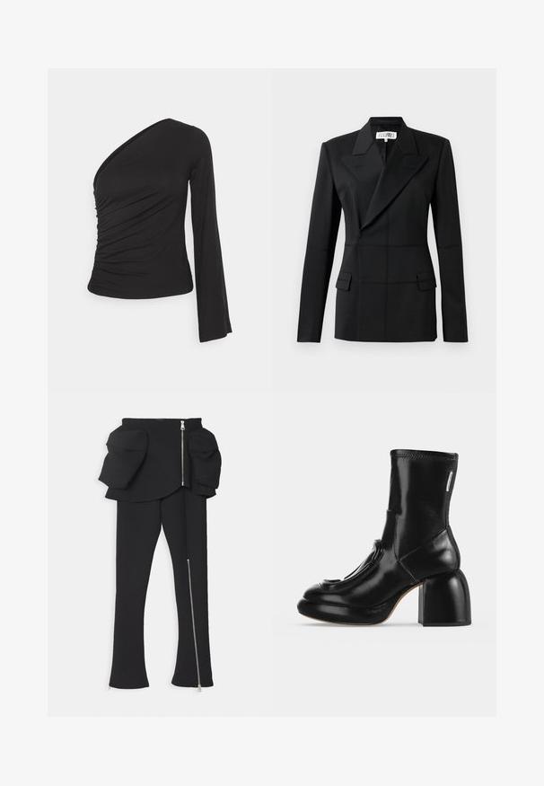Sort skræddersyet blazer, en lang ærme, notch laps, dobbeltradet lukning, to frontlommer, struktureret stof med synlig syning.; Asymmetrisk langærmet top i sort, med en sammensamlet side for tekstur og en tætsiddende silhuet. Lavet af blødt, strækbart materiale.; A.W.A.K.E. MODE BASQUE PANTS WITH ZIPS AND LARGE POCKETS - Bukser - black; Sort skinnende ankelstøvle med rundet tå, unikt lagdelt frontdesign og chunky blokhæl på en ensfarvet lys baggrund.