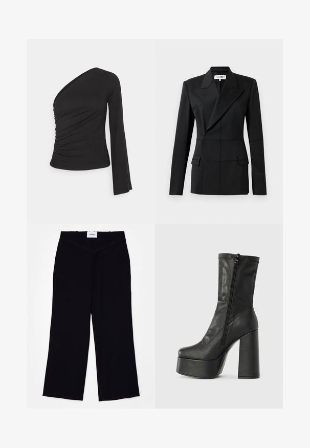 Sort skræddersyet blazer, en lang ærme, notch laps, dobbeltradet lukning, to frontlommer, struktureret stof med synlig syning.; Asymmetrisk langærmet top i sort, med en sammensamlet side for tekstur og en tætsiddende silhuet. Lavet af blødt, strækbart materiale.; Sorte brede bukser lavet af et glat stof. Har en flad talje med bælteløkker og en ren finish ved kanterne.; Sort læder ankelstøvle med høj blokhæl, platformssål og lynlås på siden til lukning. Glat tekstur med topstikningsdetalje.