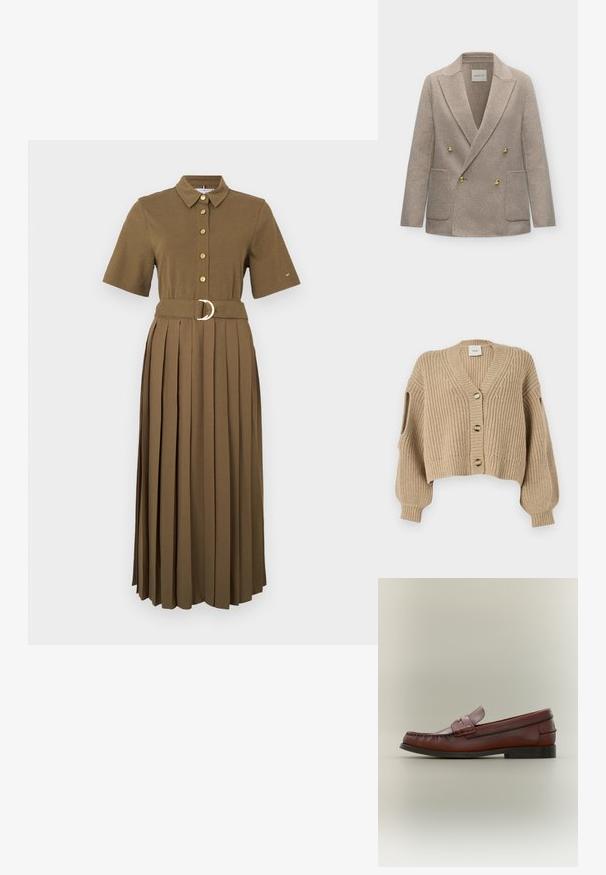 Blazer beige de lana de doble botonadura con botones dorados, solapas anchas y dos bolsillos delanteros de parche, exhibido frente a un fondo liso.; Cárdigan de punto beige con cuello en V, botones frontales, longitud cropped y hombros caídos. Tejido texturizado con patrón de canalé y mangas abiertas.; Vestido camisa marrón de manga corta con cuello abotonado, cierre de botones, cintura ceñida con cinturón que tiene una hebilla metálica redonda, y falda plisada.; Mocasín de cuero marrón para hombre con suela negra y detalle decorativo de correa, mostrado de perfil sobre un fondo neutro.