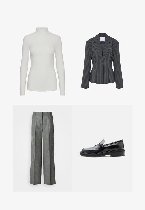 Blazer gris foncé à fines rayures, coupe ajustée, larges revers et manches longues, présenté sur fond blanc.; Haut à manches longues blanc en col roulé, fabriqué en tissu lisse, avec une silhouette ajustée et des coutures minimales pour un aspect épuré.; Pantalon gris à jambes larges en tissu texturé, avec des plis, un devant plat et une coupe droite. Pas de poches visibles ni d'ornements.; Mocassin en cuir noir à enfiler avec un petit talon et un bout carré arrondi, vu de côté sur un fond blanc uni.