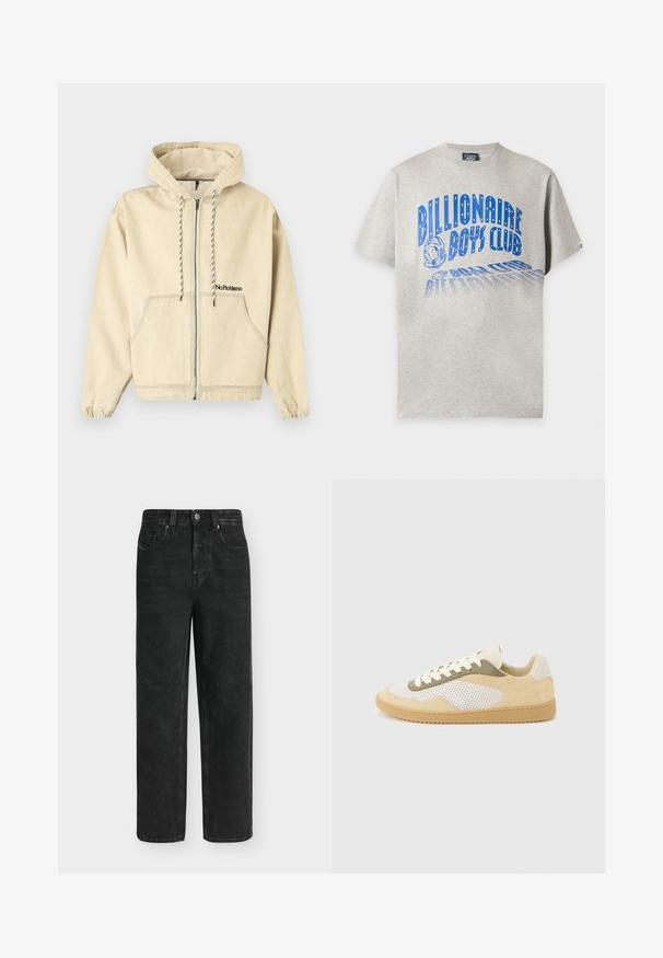 Sweat à capuche beige zippé avec poches avant, cordons noirs et blancs et texte brodé "No Problemo" sur la poitrine gauche.; T-shirt gris clair à manches courtes avec texte bleu "Billionaire Boys Club" et illustration de casque d'astronaute sur le devant.; Jean noir coupe droite avec taille haute, bouton et fermeture éclair à l'avant, poches latérales et arrière, présenté sur un fond clair uni.; Baskets basses en daim beige, panneaux en maille blanche, accents olive, lacets blancs et semelle en caoutchouc naturel sur fond gris clair.