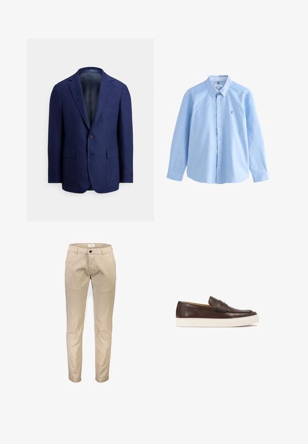 Mørkeblå herreblazer med enkelt knaplukning, hakkede revers, klaplommer og en glat inderside.; Next SLIM FIT - LONG SLEEVE OXFORD SHIRT . - Skjorter - light blue; Beige bomuldsbukser med lige ben, der har frontlommer, lynlås og en enkelt knaplukning. Glat tekstur, uden mønstre.; Brun læder slip-on sko med en vævet detalje på vampsen og en hvid gummisål. Har en rund tå og en glat overflade.