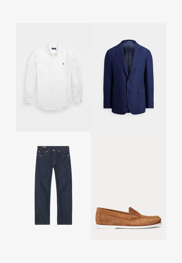 Marineblauwe herenblazer met één knoop, inkepingrevers, klepzakken en een gladde binnenvoering.; Witte lange mouwen shirt van katoen met een button-down kraag, voorzien van een klein marineblauw logo op de linkerborst en klassieke knoopsluiting.; Donkerblauwe denim jeans met een rechte snit, voorzien van koperen klinknagels, gele stiksels en voorzakken. Gladde textuur met minimale ontwerpelementen.; Bruine suède loafer met witte zool en beige stiksels langs de teen en bovenrand, zijaanzicht op een effen achtergrond.