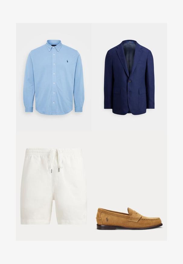 Marineblauer Herrenblazer mit einem Knopf, Revers mit Kerbung, Pattentaschen und einem glatten Innenfutter.; Hellblaues langärmliges Hemd mit Knopfleiste aus Baumwolle, mit einem Button-Down-Kragen und einem kleinen gestickten Logo auf der Brust.; Weiße Shorts mit Kordelzug und elastischem Bund sowie dezent besticktem Logo am unteren linken Bein, auf schlichtem Hintergrund dargestellt.; Hellbrauner Veloursleder-Slipper mit genähten Details und kleinem besticktem Pferde-Logo an der Seite, mit niedrigem Holzabsatz und Schlupf-Design.