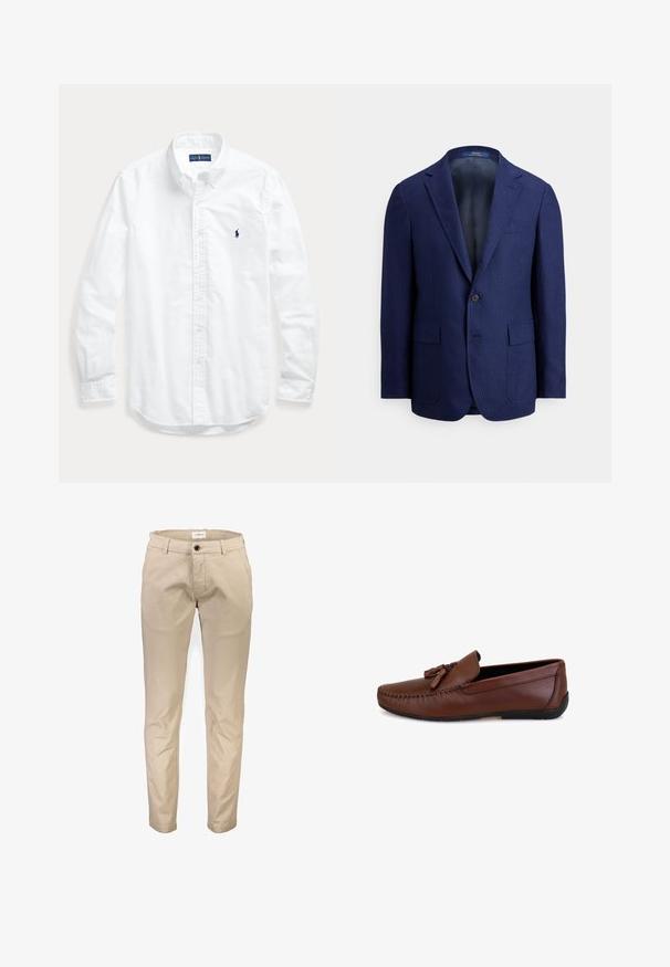 Marineblauwe herenblazer met één knoop, inkepingrevers, klepzakken en een gladde binnenvoering.; Wit overhemd met lange mouwen, knopen en kraag, met een klein donker logo op de linkerborst, plat gelegd op een lichte achtergrond.; Beige katoenen broek met een rechte pijp, voorzien van voorzakken, een ritssluiting en een enkele knoopsluiting. Gladde textuur, zonder patronen.; Bruine leren instapper met decoratieve kwasten, gladde textuur, ronde neus en gestikte details, met een zwarte rubberen zool.