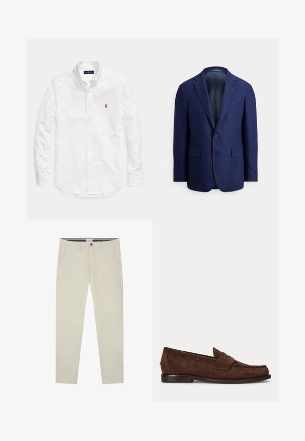 Marineblauer Herrenblazer mit einem Knopf, Revers mit Kerbung, Pattentaschen und einem glatten Innenfutter.; Weißes, langärmliges Hemd mit Knopfleiste und Kragen sowie kleinem, gesticktem Logo auf der linken Brust, flach auf einem einfarbigen Hintergrund liegend.; Helle beige Chinos mit geradem Schnitt, aus weichem Baumwollstoff. Mit Gürtelschlaufen, Vorderfächern und einer einzelnen Gesäßtasche.; Brauner Wildleder-Pennyloafer mit niedrigem Absatz und sichtbarer Naht an Zehen-, Seiten- und Rückbereich, dargestellt auf hellem, einfarbigem Hintergrund.