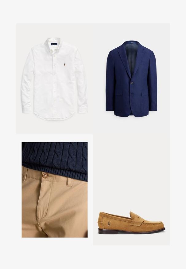 Marineblauer Herrenblazer mit einem Knopf, Revers mit Kerbung, Pattentaschen und einem glatten Innenfutter.; Weißes, langärmliges Hemd mit Knopfleiste und Kragen sowie kleinem, gesticktem Logo auf der linken Brust, flach auf einem einfarbigen Hintergrund liegend.; Nahaufnahme von beigen Hosen mit Knopfverschluss kombiniert mit dem Saum eines marineblauen, kabelgestrickten Pullovers.; Hellbrauner Veloursleder-Slipper mit genähten Details und kleinem besticktem Pferde-Logo an der Seite, mit niedrigem Holzabsatz und Schlupf-Design.