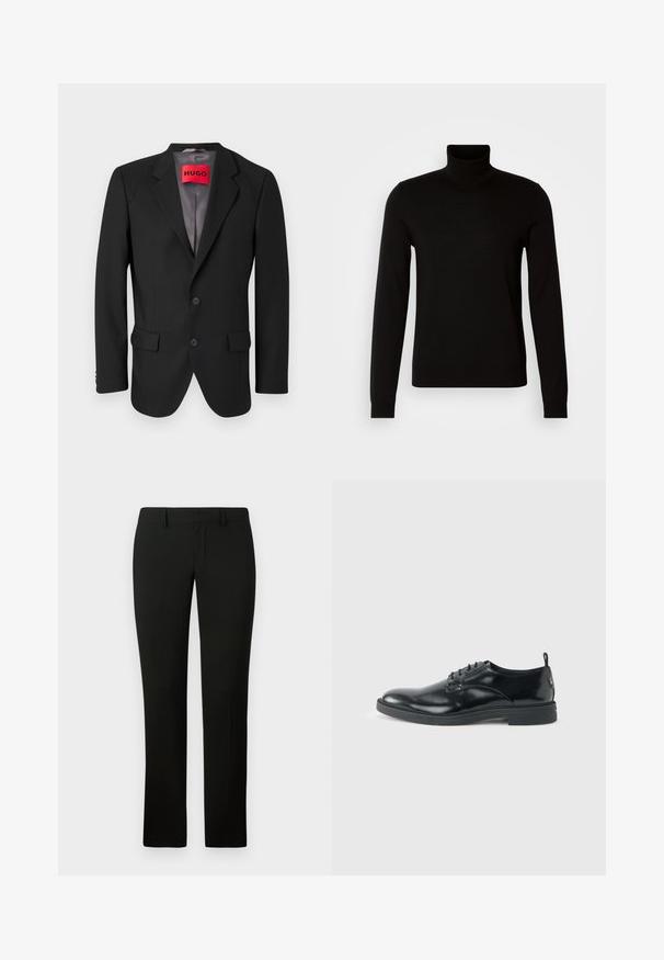 Blazer negro a medida hecho de tejido estructurado. Presenta solapas con muesca, dos bolsillos frontales y un cierre de botón de una sola fila.; Suéter negro de cuello alto confeccionado en un tejido de punto fino, con mangas largas y una silueta ajustada. Textura suave con puños acanalados.; Pantalones negros con un corte a medida, que presentan una textura suave y un diseño de pierna recta. La cintura tiene pasadores para cinturón y un acabado limpio.; Zapato de vestir negro de cuero brillante con tacón bajo, cierre de cordones y puntera redonda, mostrado de lado sobre un fondo claro y liso.