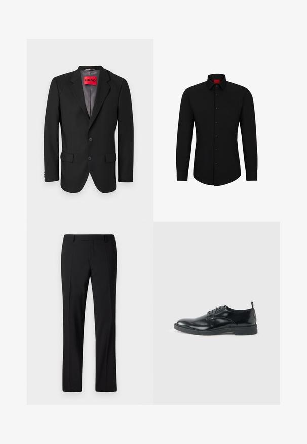 Schwarzer maßgeschneiderter Blazer aus strukturiertem Stoff. Mit Reverskragen, zwei Fronttaschen und einer einreißigen Knopfverschluss.; Schwarzes Langarmhemd mit Knopfleiste, klassischem Kragen und abgerundetem Saum; verfügt über schwarze Knöpfe und ein rotes Logo im Kragen.; Schwarze, maßgeschneiderte Hose mit geradem Bein, ausgestattet mit einer glatten Textur, gefaltetem Vorderteil und einem klassischen Bund für ein formelles Erscheinungsbild.; Glänzender schwarzer Lederschuh mit niedrigem Absatz, Schnürverschluss und runder Kappe, seitlich auf hellem, schlichten Hintergrund gezeigt.