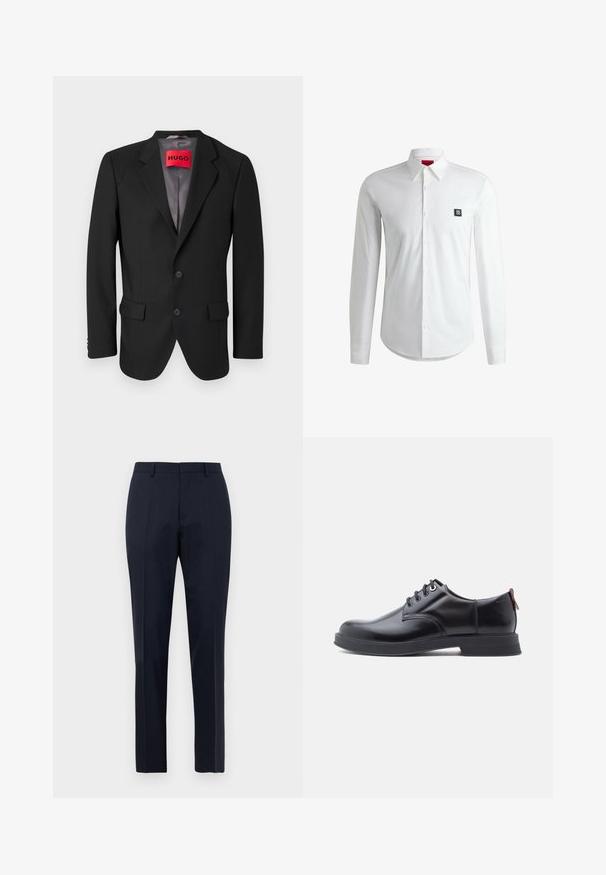 Schwarzer maßgeschneiderter Blazer aus strukturiertem Stoff. Mit Reverskragen, zwei Fronttaschen und einer einreißigen Knopfverschluss.; Weißes Langarmhemd aus glattem Stoff, mit einem Button-down-Kragen und einem kleinen schwarzen Logo-Patch auf der linken Brust.; Marineblaue, maßgeschneiderte Herrenhosen mit subtilen Karomuster, Gürtelschlaufen und Bügelfalte, frontal auf weißem Hintergrund präsentiert.; Schwarze Leder-Schnürschuhe mit glatter Textur, rundem Zehenbereich und dezenten Ziernähten. Mit einem roten Laschenband an der Ferse.