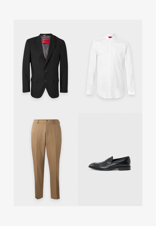 Schwarzer maßgeschneiderter Blazer aus strukturiertem Stoff. Mit Reverskragen, zwei Fronttaschen und einer einreißigen Knopfverschluss.; Weißes langärmeliges Hemd mit spitzem Kragen und verdeckter Knopfleiste, präsentiert vor hellem, einfarbigem Hintergrund.; Braune maßgeschneiderte Hosen mit geradem Schnitt, seitlichen Falten, Gürtelschlaufen und einem vorderen Knopfverschluss. Glattes Gewebe mit matter Textur.; Schwarzer Herren-Ledermokassin mit niedrigem Absatz, abgerundeter Zehe und kleinem metallischem Logo auf dem Riemen, seitlich auf schlichtem Hintergrund dargestellt.