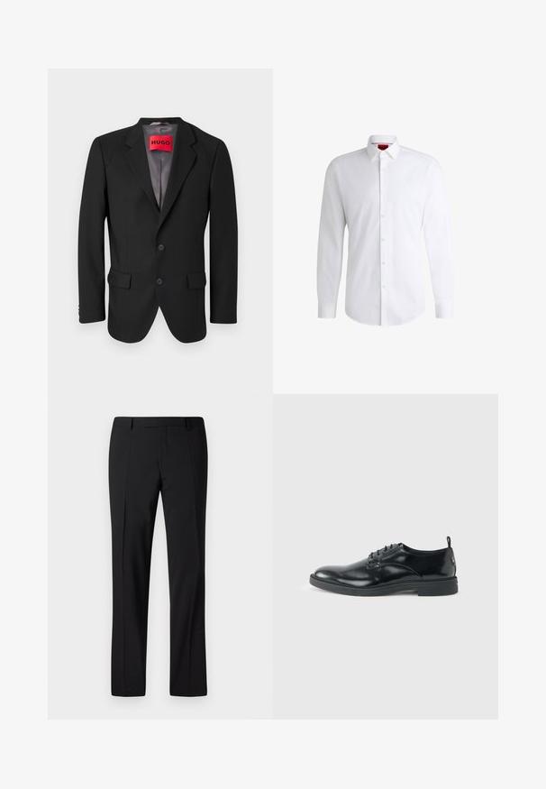 Schwarzer maßgeschneiderter Blazer aus strukturiertem Stoff. Mit Reverskragen, zwei Fronttaschen und einer einreißigen Knopfverschluss.; Weißes Herrenhemd aus glattem Stoff mit klassischem Kragen, langen Ärmeln und abgerundetem Saum. Mit eleganten beigen Knöpfen an der Vorderseite.; Schwarze, maßgeschneiderte Hose mit geradem Bein, ausgestattet mit einer glatten Textur, gefaltetem Vorderteil und einem klassischen Bund für ein formelles Erscheinungsbild.; Glänzender schwarzer Lederschuh mit niedrigem Absatz, Schnürverschluss und runder Kappe, seitlich auf hellem, schlichten Hintergrund gezeigt.