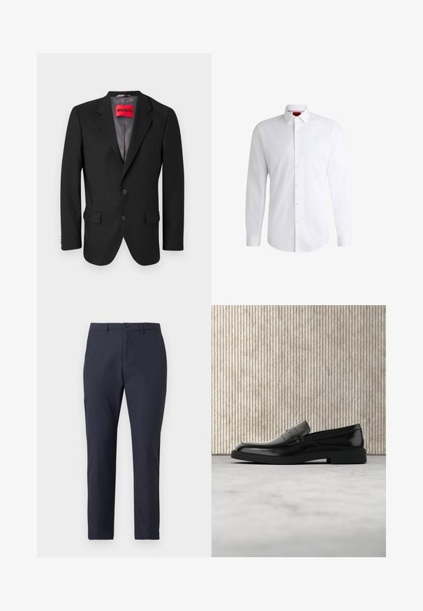 Schwarzer maßgeschneiderter Blazer aus strukturiertem Stoff. Mit Reverskragen, zwei Fronttaschen und einer einreißigen Knopfverschluss.; Weißes Herrenhemd aus glattem Stoff mit klassischem Kragen, langen Ärmeln und abgerundetem Saum. Mit eleganten beigen Knöpfen an der Vorderseite.; Dunkelblaue, leichte Hose mit einem schlanken Design, ausgestattet mit einem Knopfverschluss, Gürtelschlaufen und einer glatten Textur. Taillierte Passform.; Schwarzer, polierter Lederloafer, der über einem beigen Teppich schwebt, mit orangener, durchscheinender Möbel im Hintergrund.