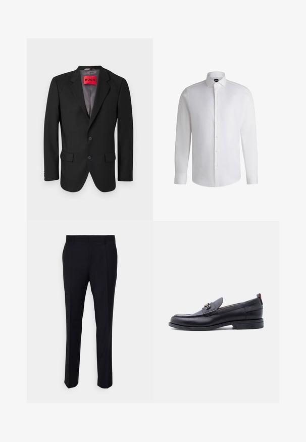 Blazer noir sur mesure en tissu structuré. Présente des revers à cran, deux poches avant et une fermeture à bouton simple.; Chemise blanche à manches longues en coton lisse, dotée d'un col classique, d'une patte de boutonnage complète et de poignets à bouton. Design minimaliste.; Pantalon noir en tissu tissé, à coupe ajustée, avec un devant plat, des poches latérales et une coupe droite.; Mocassin en cuir noir avec empeigne texturée grise, détail boucle en métal argenté, petit talon et languette à l'arrière.
