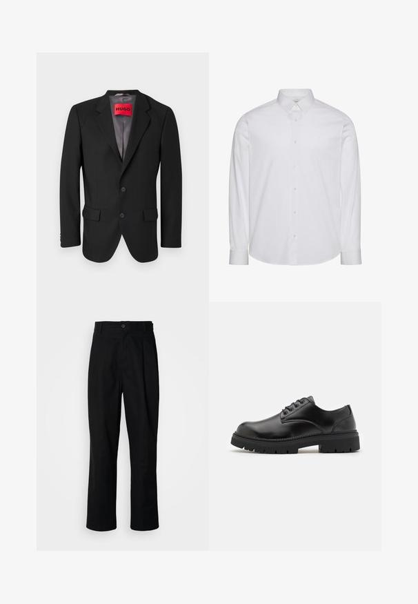 Blazer noir sur mesure en tissu structuré. Présente des revers à cran, deux poches avant et une fermeture à bouton simple.; Chemise blanche à manches longues en coton. Comprend un col classique, une patte de boutonnage à l'avant avec boutons, et un ourlet arrondi. Logo discret de la marque.; Pantalons noirs à jambes droites avec une taille à bouton, passants de ceinture et pli avant, présentés sur un fond blanc uni.; Chaussures en cuir noir avec un bout rond, un laçage et une semelle en caoutchouc épaisse et texturée. Présente des coutures le long du bord et une finition lisse.