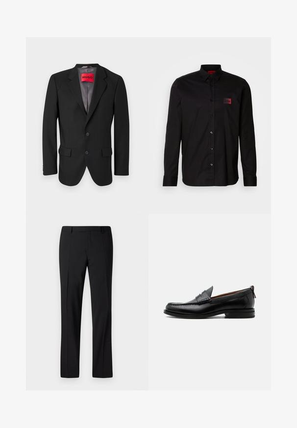 Zwarte op maat gemaakte blazer van gestructureerde stof. Heeft een geknipt revers, twee voorzakken en een enkelsluitingsknop.; Zwart shirt met lange mouwen van gladde stof, voorzien van een knoopsluiting, een klassieke kraag en een klein rood merklabel op de borst.; Zwarte op maat gemaakte broek met een rechte pijp ontwerp, voorzien van een gladde textuur, geplooide voorkant en een klassieke tailleband voor een formele uitstraling.; Zwarte leren herensloffen met moc toe stiksel, pennyriem, gestructureerde kraag en lage gestapelde hak op witte achtergrond.