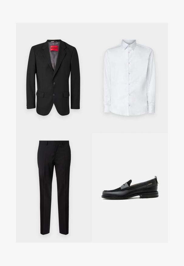 Blazer noir sur mesure en tissu structuré. Présente des revers à cran, deux poches avant et une fermeture à bouton simple.; Chemise blanche à manches longues en tissu lisse, dotée d'un col classique, d'une patte de boutonnage et de poignets avec boutons, présentée sur un fond uni.; Pantalons noirs ajustés en tissu lisse, présentant une jambe droite, des détails de pli raffinés et une taille classique avec passants de ceinture.; Mocassin en cuir noir avec détail de bride grise, talon bas et semelle texturée, marqué "HUGO" en or sur le côté.