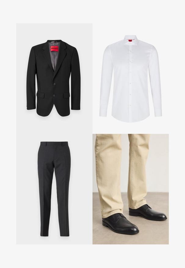 Schwarzer maßgeschneiderter Blazer aus strukturiertem Stoff. Mit Reverskragen, zwei Fronttaschen und einer einreißigen Knopfverschluss.; Weißes langärmliges Hemd mit Knopfleiste, hergestellt aus glattem Baumwollstoff. Verfügt über einen klassischen Kragen, eine durchgehende Knopfleiste und einen abgerundeten Saum.; Dunkelgraue maßgeschneiderte Hose mit geradem Schnitt, verfügt über Seitentaschen und eine subtile Textur. Die Verschlüsse umfassen einen Reißverschluss und Gürtelschlaufen.; Schwarze Leder Schnürschuhe mit runder Zehenform, glatter Oberfläche und dezenten Nähdetails, getragen mit hellbeigen Hosen.
