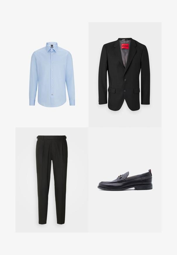 Zwarte op maat gemaakte blazer van gestructureerde stof. Heeft een geknipt revers, twee voorzakken en een enkelsluitingsknop.; Lichtblauwe, langslijpende overhemD met klassieke kraag, gemaakt van een soepele stof. Voorzien van witte knopen aan de voorkant en cuffs.; Zwarte op maat gemaakte broeken met een vlakke voorkant, twee plooien, riemlusjes en een rechte pijpdesign. Gemaakt van een gladde, lichtgewicht stof.; Zwarte leren loafer met grijze, gestructureerde vamp, zilveren metalen gesp, lage hak en trekkoord aan de achterkant.