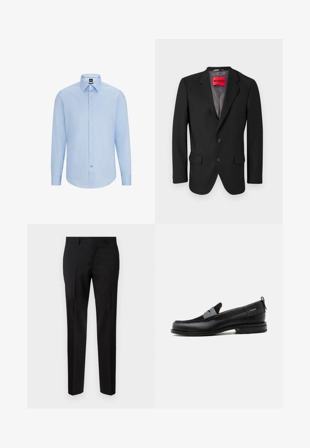 Schwarzer maßgeschneiderter Blazer aus strukturiertem Stoff. Mit Reverskragen, zwei Fronttaschen und einer einreißigen Knopfverschluss.; Himmelblaues, langärmliges Hemd mit Knopfleiste und klassischem Kragen, aus glattem Stoff gefertigt. Mit weißen Knöpfen an der Vorderseite und an den Manschetten.; Schwarze maßgeschneiderte Hosen aus glattem Stoff, mit geradem Bein, feinen Bügelfalten und einem klassischen Bund mit Gürtelschlaufen.; Schwarzer Lederloafer mit grauem Riemendetail, niedrigem Absatz und strukturierter Sohle, seitlich mit „HUGO“ in Gold gebrandmarkt.