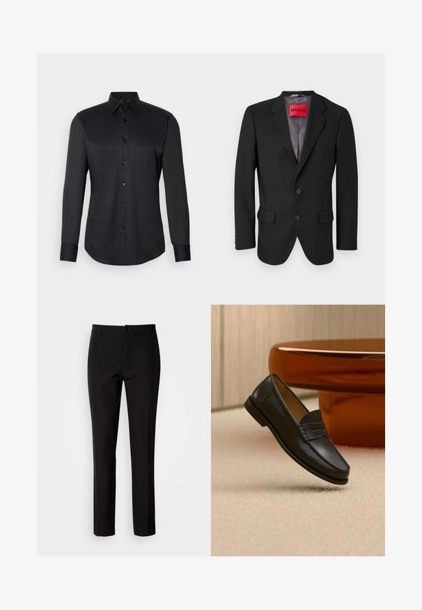 Sort skræddersyet blazer lavet af struktureret stof. Har skrå klapper, to forlommer og en enkeltknap lukning.; Sort skjorte med knaplukning, lavet af glat stof, med klassisk krave, lange ærmer og knaplukning foran.; Sorte bukser lavet af glat stof, med lige ben, lukkes med knapper foran og har diskrete sidelommer. Enkelt og skræddersyet udseende.; Sort læder loafer-sko hængende over beige tæppe med ravfarvet moderne møblement i baggrunden.