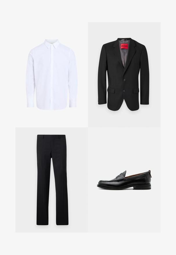 Schwarzer maßgeschneiderter Blazer aus strukturiertem Stoff. Mit Reverskragen, zwei Fronttaschen und einer einreißigen Knopfverschluss.; Weißes Hemd mit langen Ärmeln und klassischem Kragen, aus glattem Stoff gefertigt, mit durchgehendem Knopfleistenverschluss und abgerundetem Saum.; Schwarze maßgeschneiderte Hose mit geradem Schnitt, scharfen Falten und glatter Oberfläche. Hergestellt aus leichtem Stoff mit einem sauberen Bund.; Schwarzer Leder-Herrenschuh mit Mokassinnaht, Penny-Riemen, strukturiertem Kragen und niedrigem gestapeltem Absatz auf weißem Hintergrund.