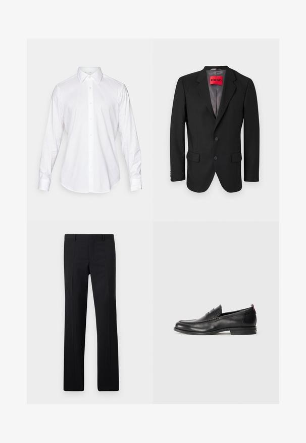 Sort skræddersyet blazer lavet af struktureret stof. Har skrå klapper, to forlommer og en enkeltknap lukning.; Hvid langærmet skjorte med knaplukning, klassisk krave, glat stof og frontplacket med lette, rundede knapper.; Sorte skræddersyede bukser med et lige ben design, skarpe folder og en glat overflade. Fremstillet af letvægtsstof med en ren talje.; Sorte læderloafers med rund tå, stikninger og en lille rød detalje ved hælen. Lav profil gummisål.