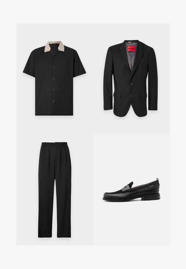 Blazer noir sur mesure en tissu structuré. Présente des revers à cran, deux poches avant et une fermeture à bouton simple.; Chemise à manches courtes noire avec des rayures verticales, dotée d'un col beige et de boutons sur le devant. Fabriquée en tissu léger avec une texture lisse.; Pantalons noirs avec un motif texturé, dotés d'une large ceinture avec un bouton et de plis à l'avant pour un ajustement sur mesure. Design à jambe droite.; Mocassin en cuir noir avec détail de bride grise, talon bas et semelle texturée, marqué "HUGO" en or sur le côté.