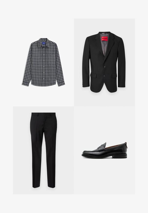 Blazer noir sur mesure en tissu structuré. Présente des revers à cran, deux poches avant et une fermeture à bouton simple.; Chemise boutonnée à carreaux gris foncé et bleu marine. Manches longues, col et une poche poitrine unique. Tissu en mélange de coton avec une texture lisse.; Pantalons noirs ajustés en tissu lisse, présentant une jambe droite, des détails de pli raffinés et une taille classique avec passants de ceinture.; Mocassin homme en cuir noir avec couture moc toe, bride penny, col texturé et petit talon empilé sur fond blanc.