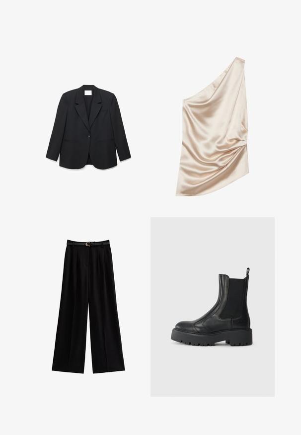 Schwarzer Ein-Knopf-Blazer mit Kerbkragen, zwei vorderen eingeschnittenen Taschen und langen Ärmeln, präsentiert vor weißem Hintergrund.; Satinstoff in hellem Nude, mit einem schulterfreien Design, das eine drapierte Textur und geraffte Details auf einer Seite aufweist.; Weite schwarze Hosen aus weichem Stoff, mit scharfen Falten und einem strukturierten schwarzen Gürtel mit einer goldenen Schnalle.; Schwarze Lederknöchelstiefel mit elastischen seitlichen Einsätzen, einer abgerundeten Spitze und einer grob strukturierten Gummisohle. Mit einem Ziehschlaufen an der Rückseite.