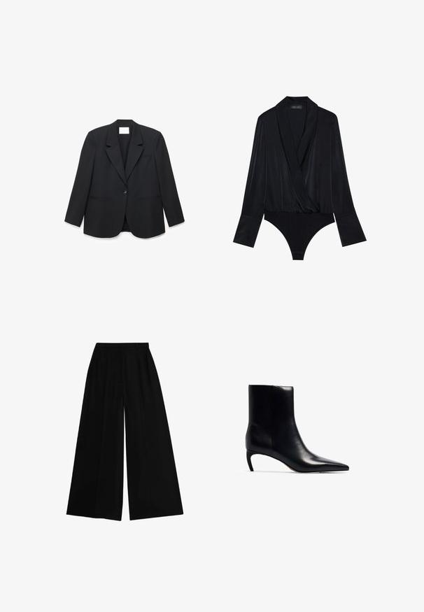 Sort enkeltknappet blazer med hakkede revers, to forlommer med slidser og lange ærmer, vist mod en hvid baggrund.; Sort langærmet bodysuit med omslag, lavet af glat stof. Har en dyb udskæring og tætsiddende bodice med en klassisk skåret bund.; Sorte vidde bukser med høj talje, lavet af et glat stof, med pressede folder for struktur og en skræddersyet pasform.; Sort læderankelstøvle med spidse tæer og en lille, slank hæl. Glat tekstur med et strømlinet, minimalistisk design.