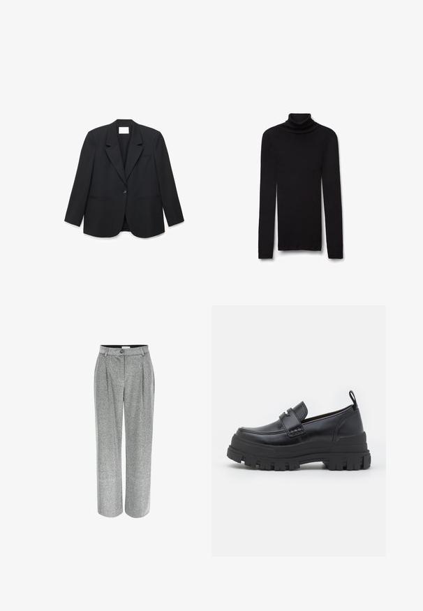 Zwarte blazer met één knoop, revers met inkeping, twee voorzakken met openingen en lange mouwen, getoond tegen een witte achtergrond.; Zwarte geribbelde coltrui met lange mouwen, slanke pasvorm, opgevouwen hals en rechte zoom op een witte achtergrond.; Grijze, wijde broek met een gestructureerde afwerking, voorzien van voorplooien en een enkele knoopsluiting bij de taille.; Zwarte leren loafer met dikke geribbelde zool, moc-toe stiksels, banddetail bovenaan en een trekband bij de hiel, zijaanzicht getoond.