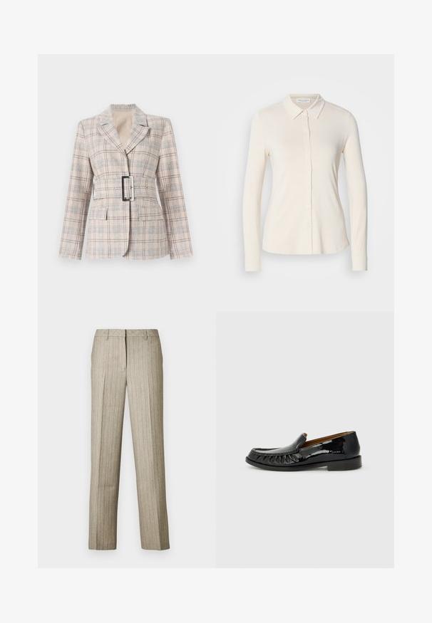 Beige plaid blazer med en figursyet talje, stort sort bæltespænde, klapveder og to forlommer. Tekstureret stof med blå detaljer.; Langærmet skjorte med knapper i lys creme, lavet af glat stof. Har en klassisk krave og knapper fortil. Enkel, tætsiddende design.; Beige bukser med nålestriber og et lige ben-design, der har en struktureret linning og en subtil tekstur i hele stoffet.; Sorte patentlæder loafers med frangesmykning på fronten og rund tå. Sålen er flad og tekstureret for godt greb.