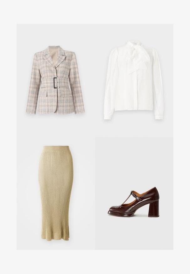 Blazer de cuadros beige con una cintura ajustada, hebilla de cinturón negra grande, solapas con muesca y dos bolsillos frontales. Tejido texturizado con acentos azules.; Blusa blanca con un cuello alto, detalle de lazo, mangas largas con puños abotonados y una tela texturizada a rayas.; Falda lápiz de punto en beige claro, con acanalado vertical, cintura ajustada y dobladillo acampanado con acabados sutiles en la parte inferior.; Chie Mihara KAYLA - Tacones - sucre choco/kimera leche