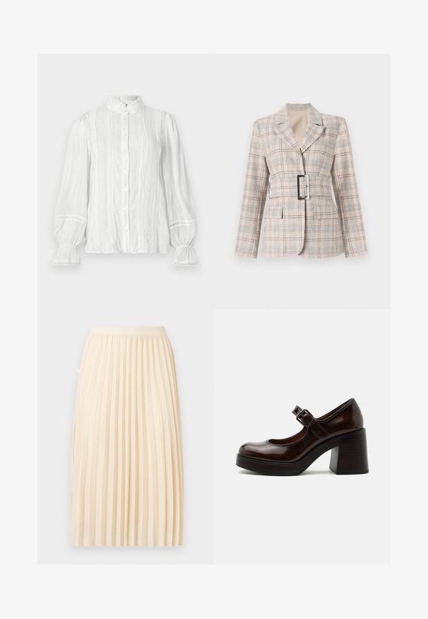 Blazer de cuadros beige con una cintura ajustada, hebilla de cinturón negra grande, solapas con muesca y dos bolsillos frontales. Tejido texturizado con acentos azules.; Blusa blanca de botón con cuello voluminoso, rayas verticales y tejido texturizado. Presenta mangas abullonadas con elástico y adornos de encaje.; Falda midi plisada color crema con una cinturilla ajustada, colgando recta contra un fondo liso.; Zapato Mary Jane de charol marrón oscuro con tacón alto grueso y correa ajustable con hebilla sobre fondo gris claro.