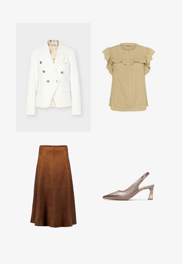Blazer blanc croisé à boutons dorés, revers crantés, deux poches avant à rabat et doublure intérieure à motif floral.; Blouse beige texturée à manches courtes avec détail volanté sur le yoke et une fermeture par un seul bouton au col rond.; Jupe trapèze en daim marron avec une texture lisse, des coutures en panneaux et une fermeture éclair à l'arrière. Longueur mi-mollet avec un ourlet évasé.; Hispanitas GIORGIA - Escarpins - silver-coloured