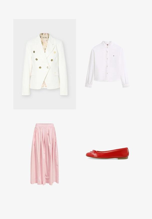 Blazer blanc croisé à boutons dorés, revers crantés, deux poches avant à rabat et doublure intérieure à motif floral.; Blouse blanche à manches longues avec col et poignets à volants, boutons dorés sur le devant, et petit logo Tommy Hilfiger sur le côté gauche de la poitrine.; Jupe longue rose clair avec des plis froncés et une ceinture ajustée, tissu fluide et longueur midi.; Ballerines en cuir verni rouge avec un bout arrondi, un nœud sur le devant et une semelle en caoutchouc beige basse. Texture de surface lisse.