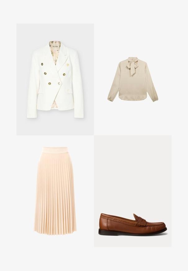 Hvid dobbeltradet blazer med gyldne knapper, notched revers, to forlommer med klap og en indvendig foer med blomsterprint.; Langærmet beige bluse med en bånddetalje ved halsudskæringen, glat tekstur og samlede ærmegab, med en afrundet kant.; Plisseret midinederdel i blødt ferskenstof. Har en tekstureret taljebånd og et flydende design med lodrette folder. Glat, let materiale.; Brun læderloafer med lav sort hæl, mok-tå-syning og en dekorativ rem over toppen, vist mod en hvid baggrund.