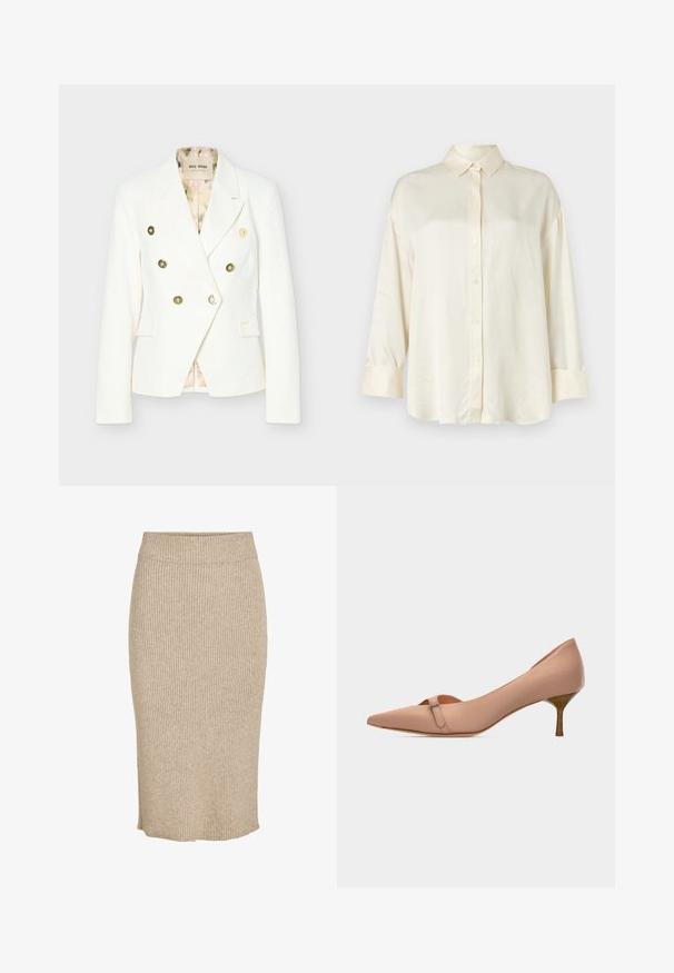 Blazer blanc croisé à boutons dorés, revers crantés, deux poches avant à rabat et doublure intérieure à motif floral.; Chemise à manches longues couleur crème avec un devant à boutons, un col pointu et des manches à poignets, fabriquée en tissu lisse.; Jupe tricotée de couleur beige clair avec une texture à côtes verticales, longueur genoux avec une taille élastique et une coupe droite.; Escarpin beige à bout pointu avec un talon stiletto bas et un petit détail de bride sur un fond blanc uni.