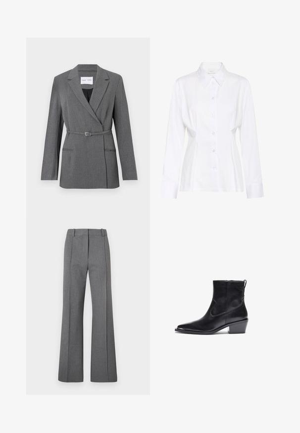 Grå stribet blazer med en skræddersyet pasform, notch-lapel, enkeltknaplukning og bælte om livet. Har to frontlommer.; Hvid langærmet skjorte med knapper, spidst krave, figursyet talje og synligt mærke "Gestuz" inde i kraven.; Grå stribede flared bukser med flad front, bæltesløjfer og glat tekstur. Design i fuld længde med subtile mønsterdetaljer.; Sort læder ankelstøvle med spids tå og lav blokhæl. Funktioner inkluderer en sidelukning med lynlås og minimale syninger for et elegant design.
