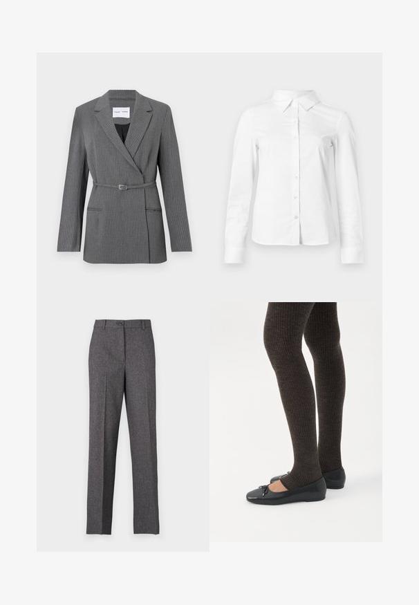 Grå stribet blazer med en skræddersyet pasform, notch-lapel, enkeltknaplukning og bælte om livet. Har to frontlommer.; Hvid skjorte med lange ærmer, knapper, spids krave, lige kant og tætsiddende silhuet, vist på en ensartet lys baggrund.; JDY Wide-leg JDYBLOOM Tapered Fit - Bukser - black/white salt and pepper; Ben iført mørke ribbede leggings kombineret med sorte balletsko med små sløjfedetaljer på hvid baggrund.