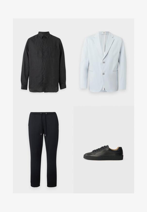 Blazer bleu clair en tissu lisse, avec un revers cranté, deux boutons, des poches latérales et une fente au dos.; Chemise noire à manches longues boutonnée avec col et une poche poitrine unique, présentée sur un fond clair uni.; Pantalon de survêtement noir en coton doux, doté d'une ceinture élastique avec cordons de serrage et de poignets fuselés pour un ajustement serré.; Baskets basses en cuir noir avec surface texturée, lacets noirs et semelle en caoutchouc épaisse, présentées de côté sur un fond clair.