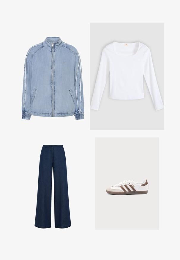 Hellblaue Jeansjacke mit Frontreißverschluss, hohem Kragen, Seitentaschen, elastischen Bündchen und weißen Streifendetails an den Ärmeln.; Weißes Langarm-T-Shirt aus Rippstoff mit quadratischem Ausschnitt und figurbetontem Schnitt, mit einem kleinen Logobändchen an der Seite.; Weite, dunkelblaue Jeans mit geradem Schnitt, aus Denim gefertigt. Verfügt über einen hohen Bund und subtile Nahtdetails. Keine sichtbaren Metallteile.; Weißer Adidas Samba Sneaker mit braunen Wildlederstreifen und Fersenlasche, beiger Zehenkappe und Gummisohle auf einfarbigem Hintergrund.