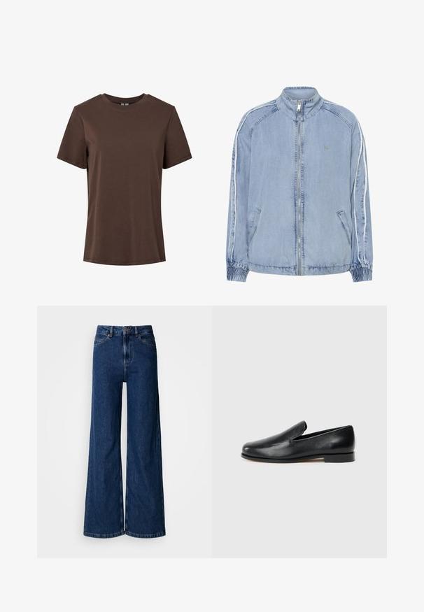 Veste en denim bleu clair avec fermeture éclair frontale, col haut, poches latérales, poignets élastiques et détail de bandes blanches sur les manches.; T-shirt en coton marron uni à manches courtes et col rond, présenté sur un fond blanc.; Jean large à lavage foncé en denim, doté d'une taille haute, d'un design classique à cinq poches et de détails de couture subtils le long des coutures.; Mocassins en cuir noir avec une texture lisse, bout rond, coutures minimales et talon plat. Simple, sans quincaillerie ou accents visibles.