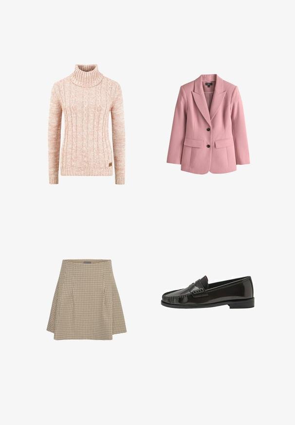 Roze blazer met een getailleerd ontwerp, scherpe revers, twee voorzakken en twee zwarte knopen. Gemaakt van gestructureerde stof.; Gebreide coltrui in zacht perzik met een gestructureerd kabelpatroon, lange mouwen en een geweven merklabel aan de zoom.; Bruine en crème geruite mini rok, geplooid ontwerp, A-lijn vorm, gladde stoftextuur, subtiele logo-tag bij de taille.; Zwarte glanzende leren instapslof voor heren met gestikte moc-toe en lage gestapelde hak, zijaanzicht op witte achtergrond.