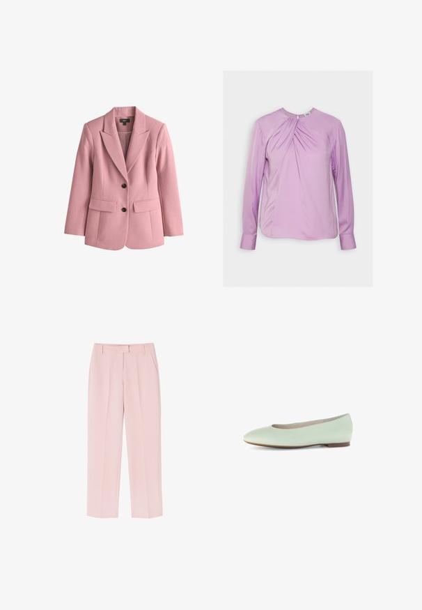 Rosa blazer med skræddersyet design, skarpe revers, to forlommer og to sorte knapper. Fremstillet af tekstureret stof.; Twist & Tango BRENDA BLOUSE - Bluse - lilac; Lyserøde bukser med skræddersyet design, der har to sidelommer, en glat tekstur og folder foran for ekstra detalje.; Lys mintgrøn læder balletflad med en rund tå, minimalistisk design og flad sål, der har en glat tekstur uden udsmykninger.