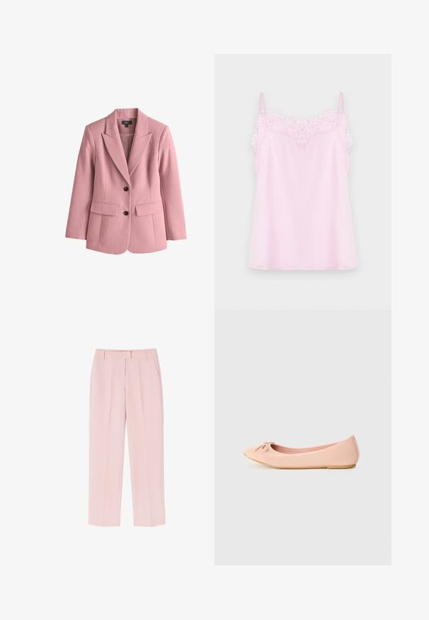 Rosa blazer med skræddersyet design, skarpe revers, to forlommer og to sorte knapper. Fremstillet af tekstureret stof.; Lyserød camisole med justerbare stropper, der har en delikat spidskant langs udskæringen og en glat, blød stofoverflade.; Lyserøde bukser med skræddersyet design, der har to sidelommer, en glat tekstur og folder foran for ekstra detalje.; Ballet flade sko i lys pink syntetisk materiale med en rund tå, der har en lille sløjfedetalje og en fleksibel sål.