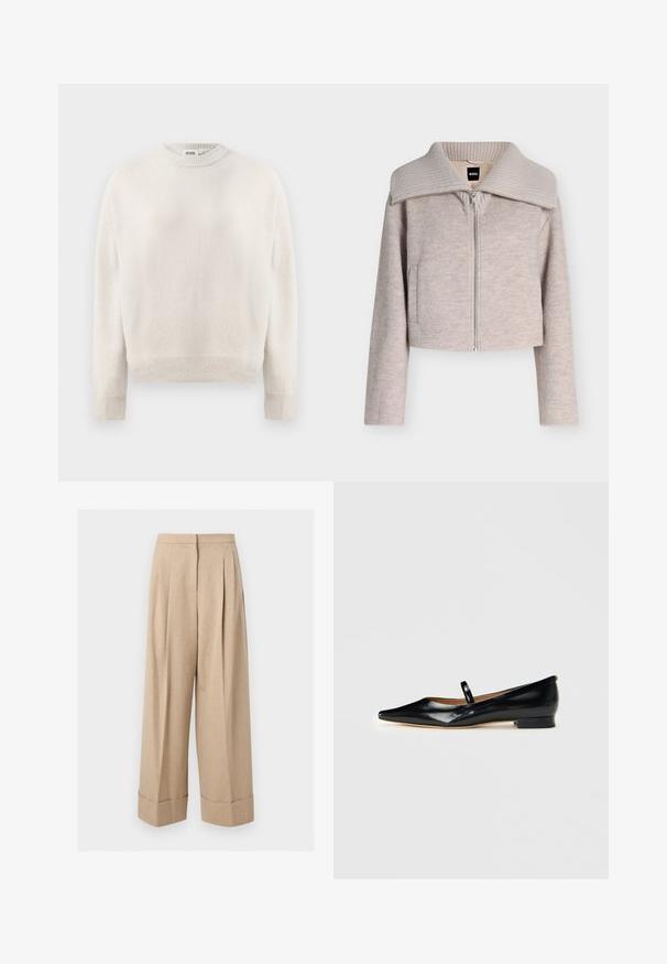 Lysebeige lynlåstrøje med lange ærmer og bred ribstrikket krave, forlommer og et sort BOSS-mærke inde i kraven.; Cremefarvet strikket sweater med lange ærmer, ribbede manchetter, kant og rund halsudskæring, mærket "DRYKORN" inden i kraven.; Beige bukser med vide ben og høj talje, med forreste plisseringer og brede manchetter ved kanten, vist på en hvid baggrund.; Sorte patenterede læder Mary Jane flade sko med spids tå, én rem og lav hæl på ensfarvet baggrund.