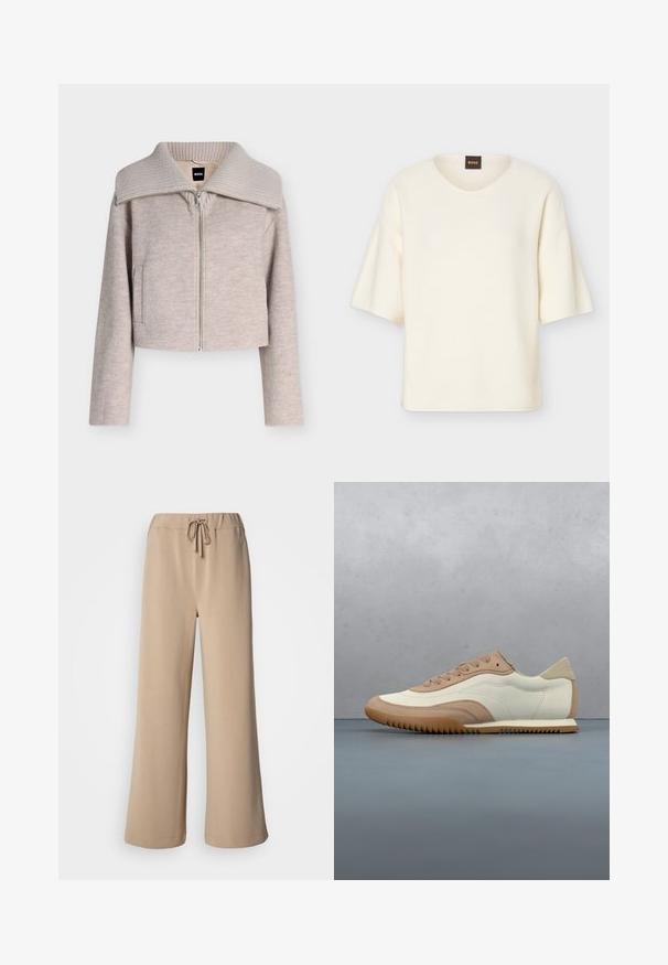 Veste beige clair zippée, manches longues, col large en maille côtelée, poches avant, avec une étiquette noire BOSS à l'intérieur du col.; Pull à manches courtes couleur crème avec un col rond et une coupe ample, doté d'une petite étiquette noire avec le texte "BOSS" en orange au niveau du col.; Pantalon beige à jambes larges avec une ceinture élastique et un cordon de serrage. Confectionné dans un tissu doux à la texture lisse, avec un ourlet surpiqué.; Baskets crème et beige avec une tige texturée, des lacets et une semelle en caoutchouc, présentées au-dessus d'une surface en bois avec des cailloux.